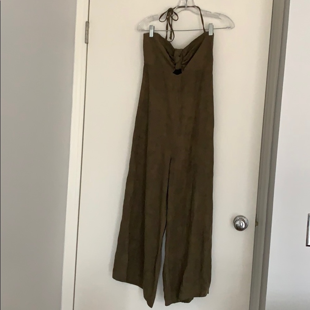 Linen blend halter neck olive green jumpsuit